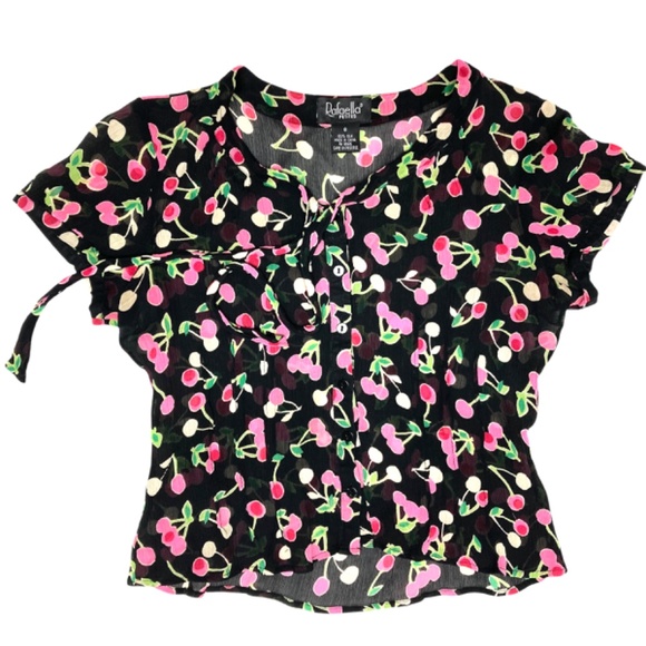 top S RAFAELLA vintage silk cropped tie neck button up cap sleeve sheer - Picture 5 of 11